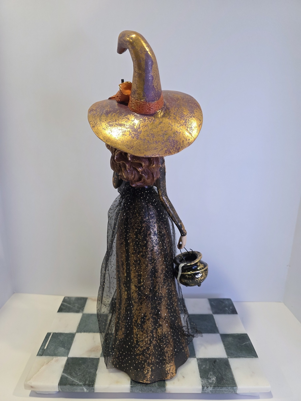 Bella Lux Halloween Witch Figurine Statue Black Gold Damask Dress Cauldron Broom - Picture 14 of 15
